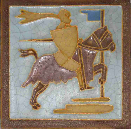 A 6-inch x 6-inch Wheatley wall tile depicting a knight. Image courtesy of Wooden Nickel Antiques.